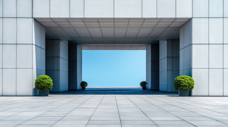 A stunning modern architecture scene featuring a wide open space framed by sleek walls, potted greenery, and a vivid blue sky, inviting tranquility.の素材