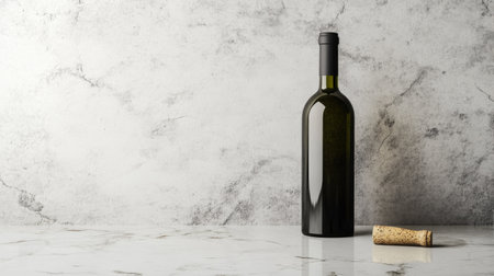 A solitary wine bottle next to a cork on a marble surface, ideal for themes of elegance, dining, and celebration in a minimalist design context.の素材
