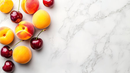 A vibrant arrangement of fresh peaches and cherries on a sleek marble surface, perfect for culinary projects, promoting healthy eating, or summer recipes.の素材