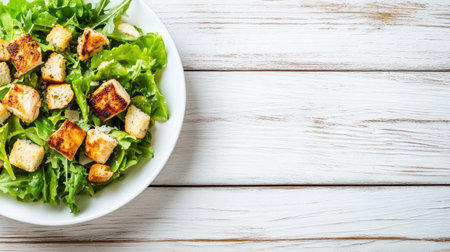 Enjoy a vibrant salad featuring fresh greens and crispy croutons served on a rustic wooden table. Perfect for health-conscious meals.の素材