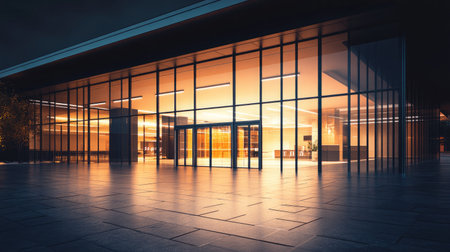 A striking modern building exterior illuminated at night, featuring warm lighting and glass facade. The stylish entrance invites a serene urban ambiance.の素材
