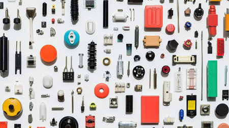 A vibrant arrangement of various mechanical components, showcasing different colors and shapes. Ideal for technology and design-themed projects.の素材