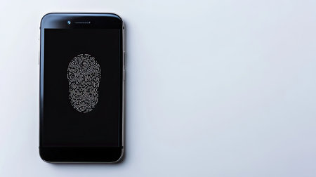 A modern smartphone displaying a fingerprint scan on the screen. This image showcases biometric technology and digital security features, ideal for technology-themed projects.の素材