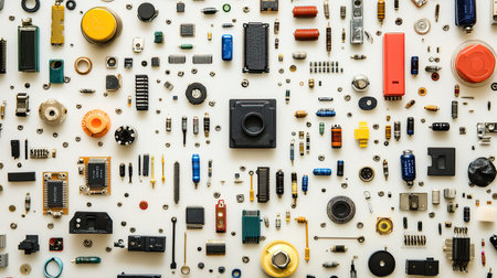 A detailed arrangement of various electronic components, showcasing resistors, capacitors, and microchips on a flat surface. Ideal for technology and engineering concepts.の素材