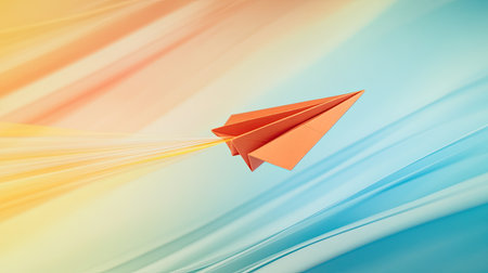An orange paper plane soars through a soft pastel background, symbolizing creativity, freedom, and the journey of ideas taking flight.の素材