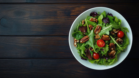 A vibrant bowl of fresh green salad featuring a mix of greens, cherry tomatoes, and nuts, perfect for a healthy meal or side dish. Ideal for food photography.の素材
