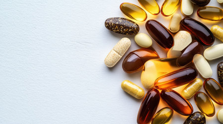 A colorful assortment of dietary supplements and vitamins displayed on a clean white surface, showcasing their various shapes and colors for health and nutrition.の素材