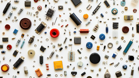 A wide array of electronic components including resistors, capacitors, and chips arranged artistically on a white background. Perfect for tech-related projects.の素材