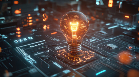 A glowing light bulb sits atop a detailed circuit board, symbolizing innovation and bright ideas in technology. Perfect for themes of creativity and energy.の素材