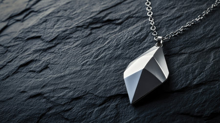 A sleek silver pendant lies gracefully on a dark textured surface, showcasing its modern design and luxurious finish. Perfect for fashion enthusiasts.の素材