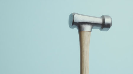 A close-up of a silver hammer with a wooden handle, set against a light background. Perfect for illustrating themes of craftsmanship, repair, and construction.の素材