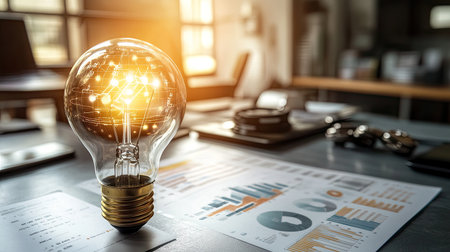 A visually striking image of a glowing light bulb symbolizing creativity and innovation in a modern business workspace filled with charts and data.の素材