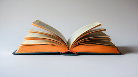 An open book showcasing vibrant orange pages against a soft gray background. This image symbolizes education, knowledge, and the joy of reading.の素材