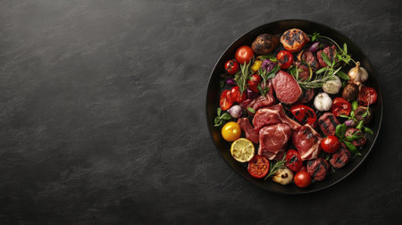 A beautiful arrangement of fresh meat, tomatoes, and herbs, perfect for gourmet cooking. Ideal for showcasing vibrant ingredients for any culinary project.の素材