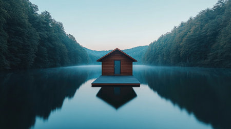 A peaceful wooden house sits on a calm lake, surrounded by lush forests. The tranquil scene creates a serene atmosphere perfect for relaxation.の素材