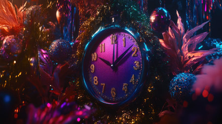 A vibrant clock nestled among festive decorations, showcasing bright colors and sparkles, perfect for capturing the essence of celebration and joy.の素材