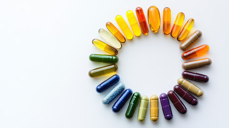 A striking arrangement of colorful capsules in a circular pattern. This vivid display highlights various shapes and colors, ideal for health and wellness visuals.の素材