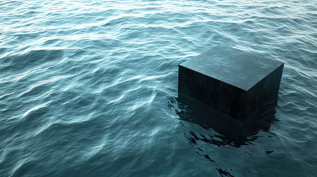 A black cube floats effortlessly on a tranquil water surface, creating a striking contrast against the blue. Emphasizes minimalism and serenity in nature.の素材