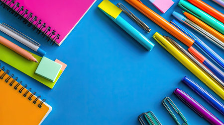 Vibrant flat lay of colorful stationery, including notebooks, pens, and clips, set against a bright blue background. Perfect for creative projects and workspace inspiration.の素材
