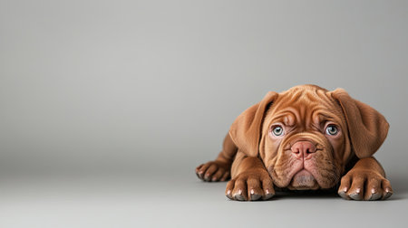 A charming puppy with soulful eyes lies on a gray surface, showcasing a soft and calm demeanor. Perfect for pet-related themes and emotions.の素材