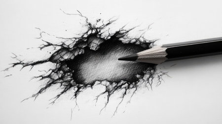 This captivating artwork features a pencil creating a cracked effect on paper. The intricate details and contrasting shades highlight the creative process behind the art.の素材