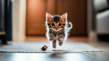 A playful kitten leaps towards a toy mouse in a warm indoor setting, capturing the joy and energy of young cats. Perfect for animal lovers and pet photography.の素材