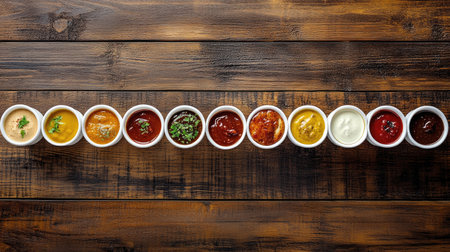 A vibrant array of sauces in small bowls arranged neatly on a rustic wooden table. Ideal for showcasing culinary variety for meals or gatherings.の素材