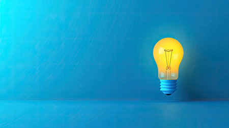 A vibrant light bulb emits a warm glow against a soft blue background, symbolizing creativity and inspiration in a modern design setting. Perfect for various concepts.の素材