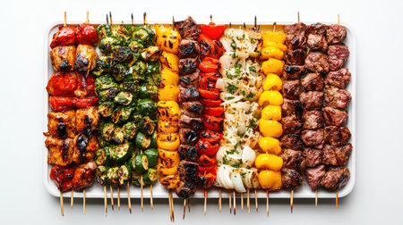 A vibrant display of grilled skewers featuring an array of meats and colorful vegetables, perfect for summer gatherings and outdoor dining experiences.の素材