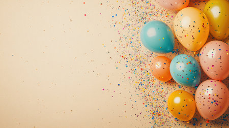 This image features a vibrant arrangement of colorful balloons and confetti, perfect for celebrations, parties, and joyful events. The soft background enhances the festive atmosphere.の素材