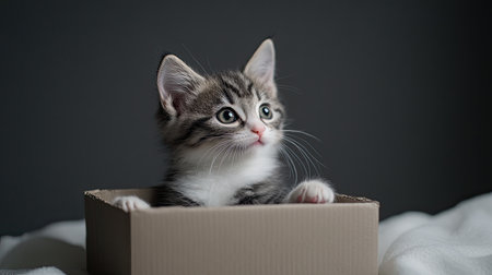 A charming kitten peeks out from a small box, showcasing its playful curiosity. The soft, neutral background adds a cozy feel, highlighting its adorable features.の素材