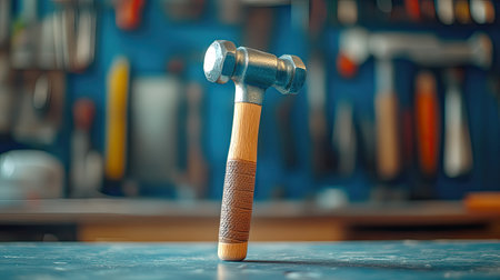 A classic hammer with a wooden handle stands prominently in a workshop setting. Tools hang in the background, showcasing a craftsman's environment.の素材
