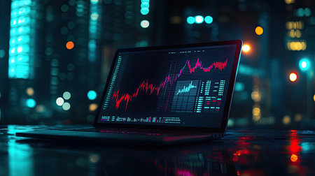 A modern laptop showcasing financial data and market trends, surrounded by a vibrant cityscape at night. The glowing screen illustrates trading statistics in a high-tech environment.の素材