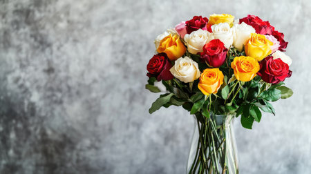 A vibrant bouquet of assorted roses in a clear glass vase, adding a touch of elegance and color to any space. Perfect for celebrations or home decor.の素材