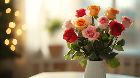A beautiful arrangement of colorful roses in a white vase, creating a warm and inviting atmosphere, perfect for enhancing any interior space.の素材
