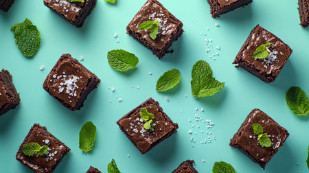 A visually appealing arrangement of decadent brownies topped with fresh mint leaves and coarse salt, perfect for dessert lovers and food photography.の素材
