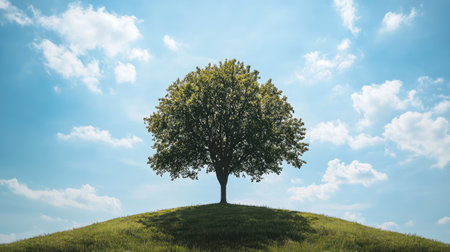 A solitary tree stands majestically on a grassy hill under a bright blue sky. Fluffy white clouds drift by, creating a serene and tranquil atmosphere, perfect for nature lovers.の素材