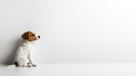 A cute small dog sitting against a white background, showcasing an expression of curiosity and calmness. Perfect for pet lovers and animal themes.の素材