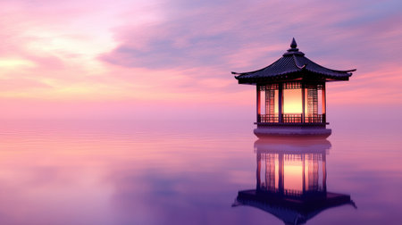 A peaceful pavilion stands elegantly in calm waters during a stunning sunset, reflecting vibrant colors. This serene landscape evokes tranquility and harmony.の素材