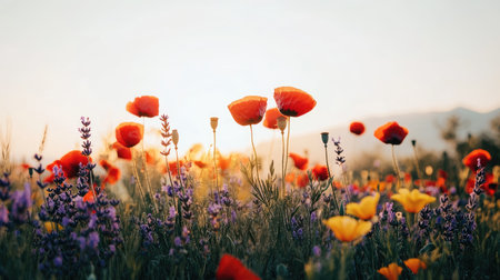 A captivating scene featuring vibrant wildflowers swaying gently in a soft sunset glow. This picturesque landscape evokes a sense of tranquility and natural beauty.の素材
