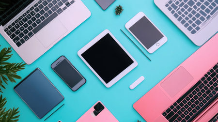 A vibrant flat lay of modern tech devices including laptops, tablets, and smartphones arranged creatively on a bright teal background showcasing innovation and connectivity.の素材