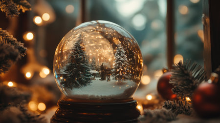 A mesmerizing glass snow globe captures a serene winter scene with snow-covered trees and soft glowing lights, evoking a cozy and festive atmosphere.の素材