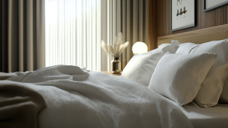 A cozy bedroom scene featuring soft bedding and natural light streaming through curtains. The inviting atmosphere offers peace, comfort, and modern elegance, perfect for relaxation.の素材