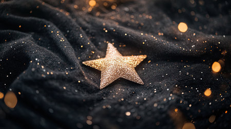 A dazzling star rests on soft fabric, surrounded by shimmering bokeh lights. Perfect for festive occasions, this image evokes elegance and warmth.の素材