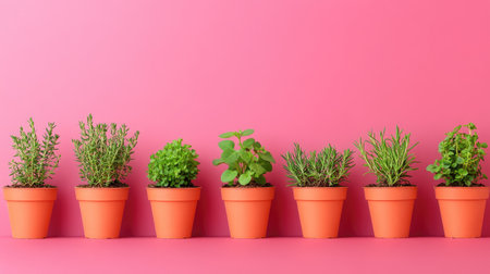 A vibrant arrangement of fresh herbs in terracotta pots against a pink background. Perfect for home decor, gardening enthusiasts, and culinary inspirations.の素材