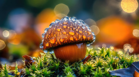 A beautifully detailed macro shot of a dewy mushroom sitting on vibrant moss. The background features soft bokeh effects, enhancing the tranquil atmosphere of nature.の素材