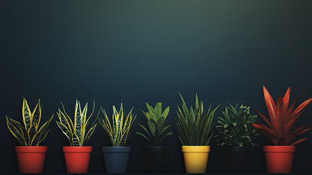 A collection of vibrant potted plants in various colors against a dark background, showcasing the beauty of nature and modern indoor decor.の素材