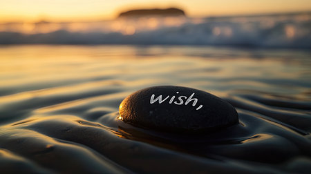 A tranquil scene featuring a stone inscribed with the word "wish," resting on gentle water at sunset. It evokes feelings of serenity and hope.の素材