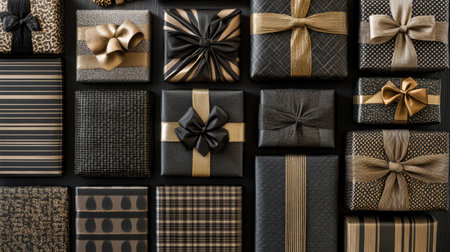 A stunning collection of black and gold gift wraps showcasing various patterns and textures, perfect for special occasions and celebrations.の素材