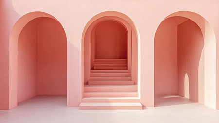 A serene interior featuring soft pink walls with arches and stairs. This minimalist design enhances light and shadows, creating a tranquil atmosphere.の素材